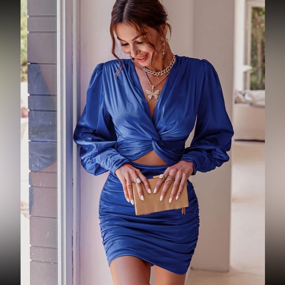 Glamaker Twist Front RuchedSatin DressRoyal Blue / S(4)